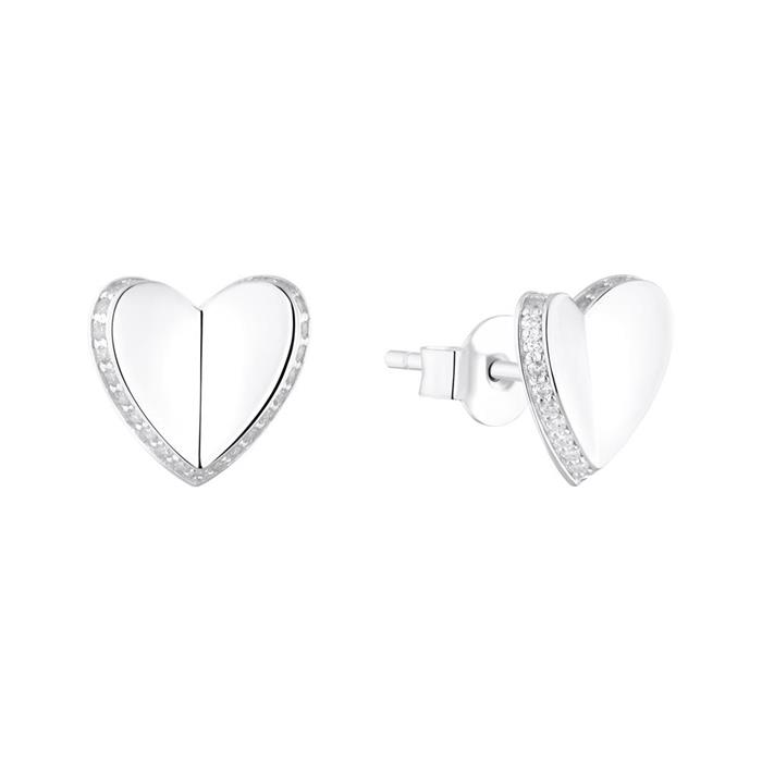 Ladies heart stud earrings in 925 sterling silver with cubic zirconia