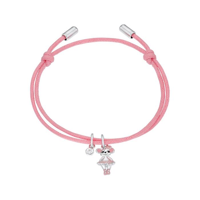 Pulsera textil rosa con ratón de plata 925, esmalte