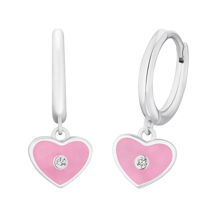 Heart creoles for children in 925 silver, pink enamel