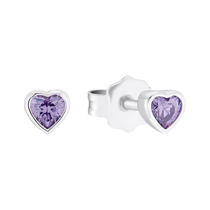 Children's purple heart stud earrings in 925 sterling silver