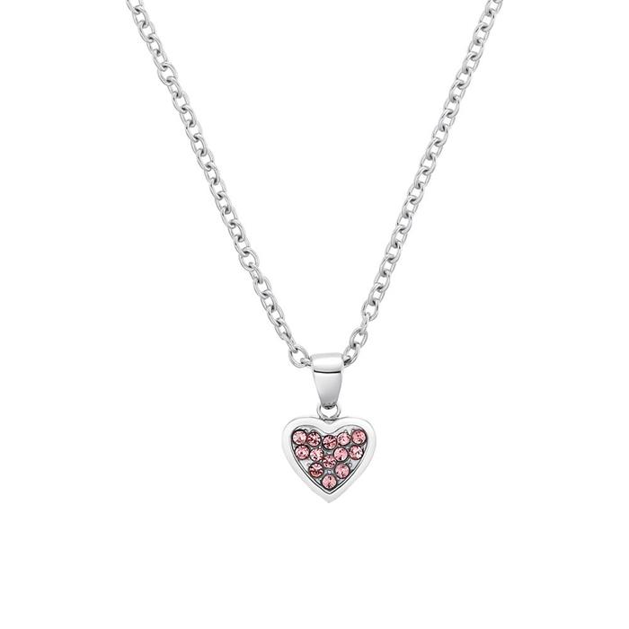 Girls necklace heart in stainless steel, zirconia, pink