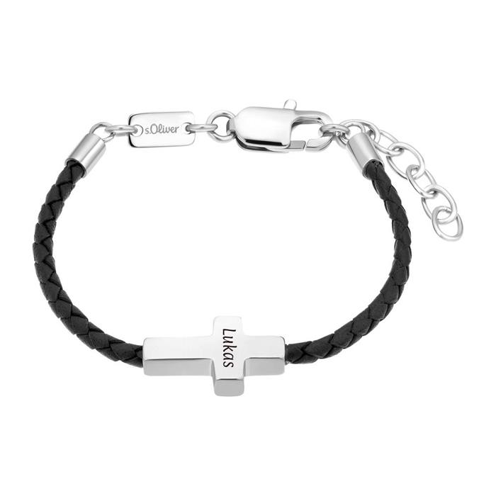 Boys leather bracelet with stainless steel cross