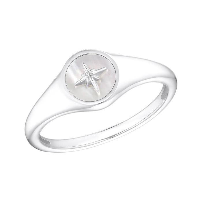 Ladies ring polar star in sterling silver and mother of pearl