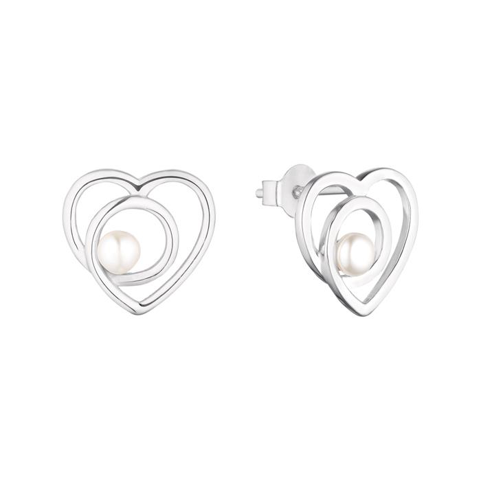 Stud earrings hearts for ladies, 925 silver, pearls