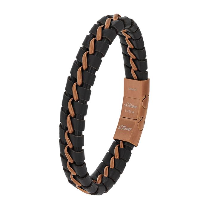 Men's bracelet in brown leather and stainless steel, copper-coloured