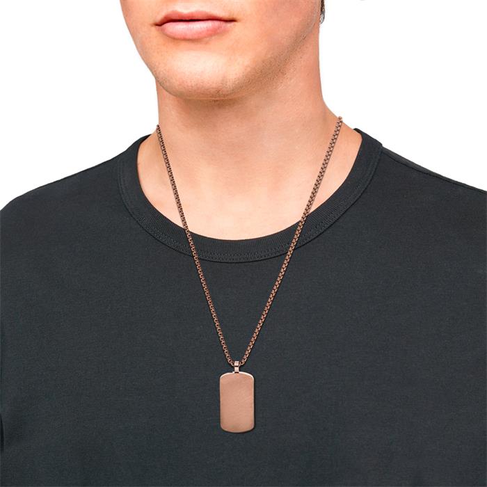 Men's necklace with engravable dog tag, stainless steel, brown