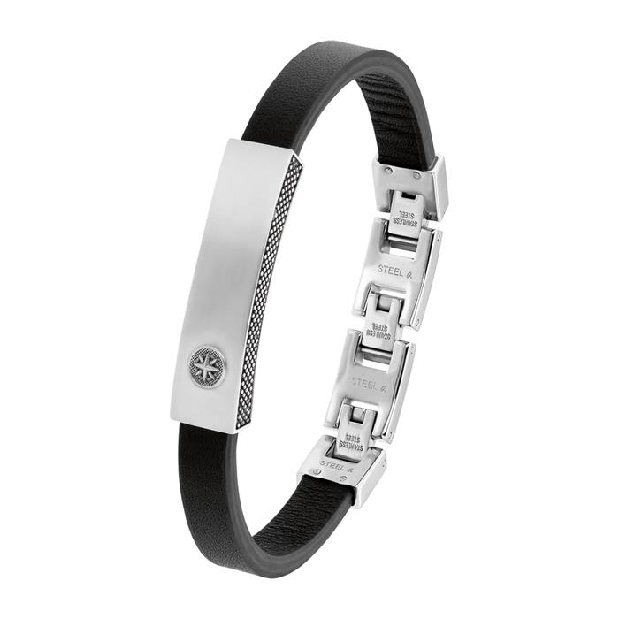 Black ID leather bracelet for men with stainless steel