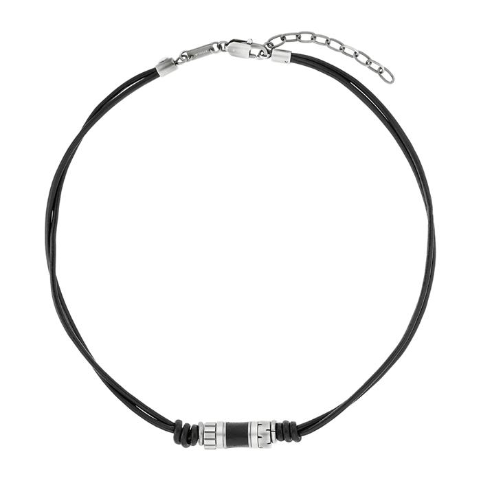 Men's necklace in black leather and stainless steel