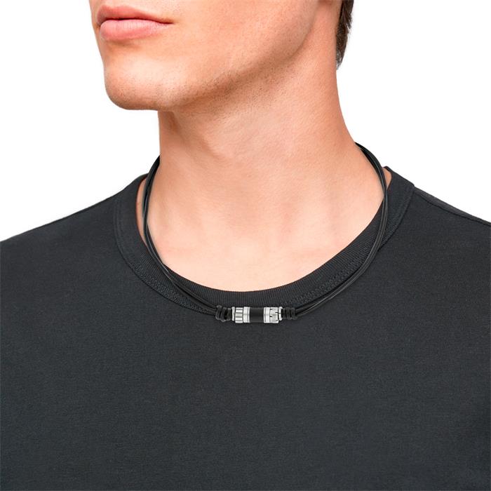 Men's necklace in black leather and stainless steel