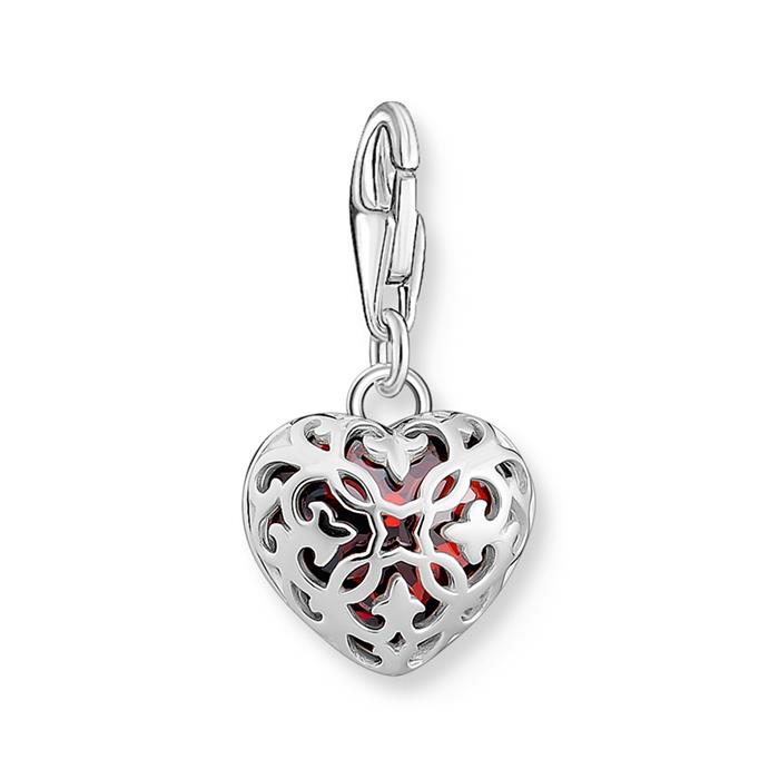 Heart charm pendant in 925 silver, red zirconia