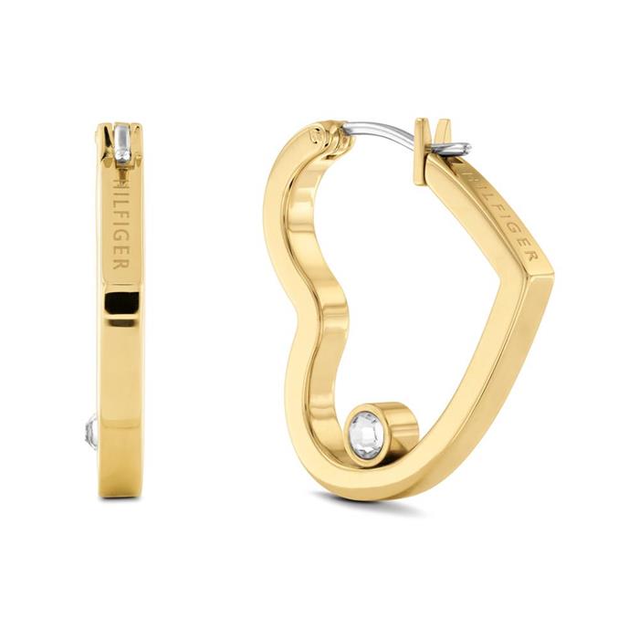 Heart-shaped hoop earrings in gold-plated stainless steel with crystal