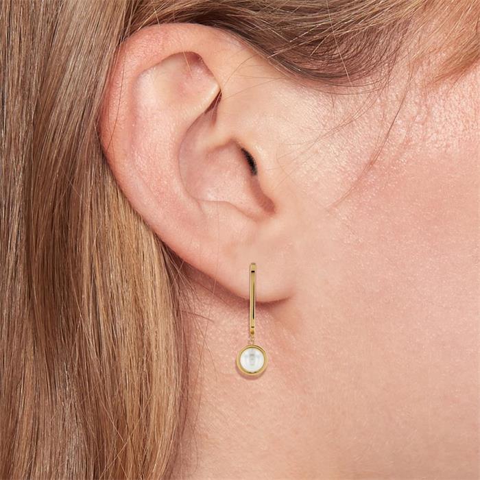 Hanging ear studs with synth. pearl, stainless steel, gold