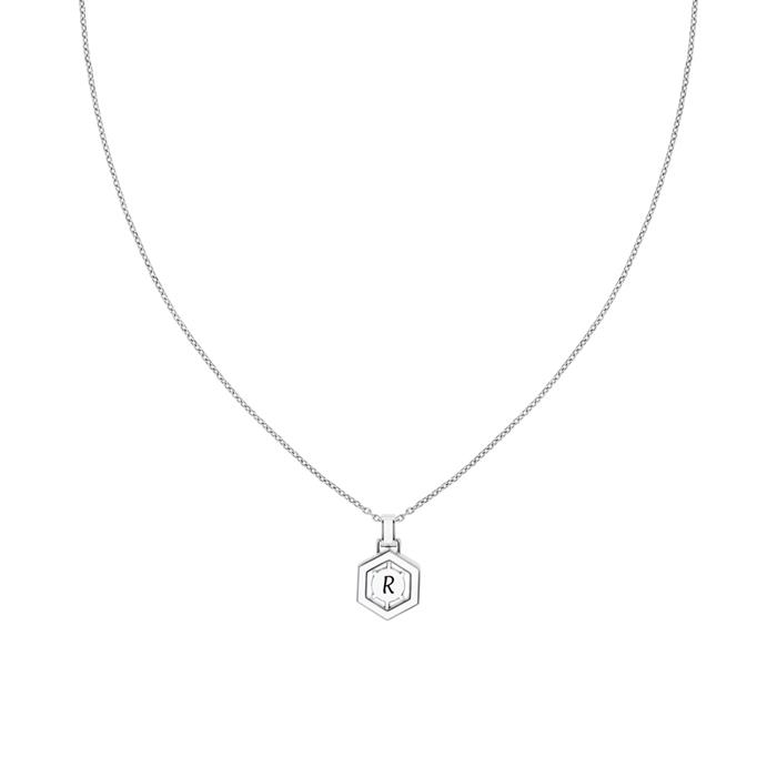 Hexagon engraved necklace in stainless steel with crystal, enamel