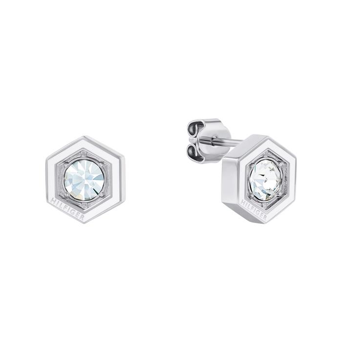 Ladies' ear studs Hexagon, stainless steel, crystal, enamel