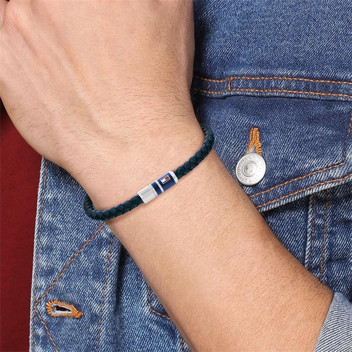 Casual bracelet in leather and stainless steel, enamel, blue