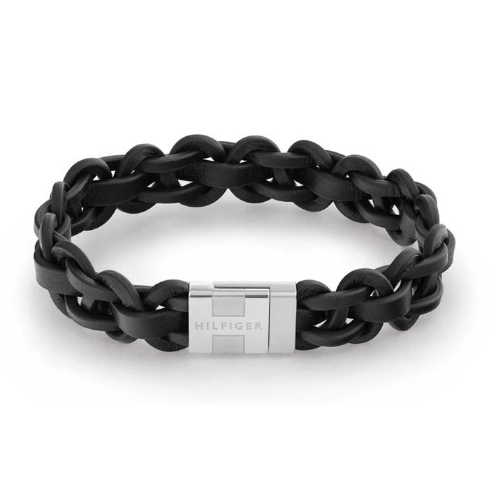 Braided leather men's bracelet with stainless steel, black