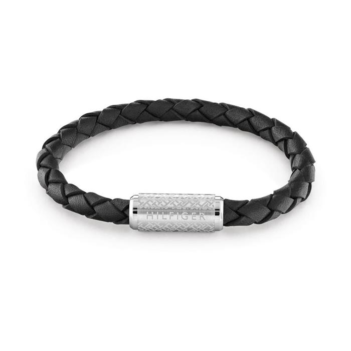 Black leather bracelet with stainless steel for men