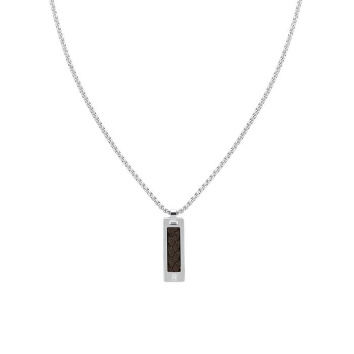 Men's dog tag chain in stainless steel and brown leather