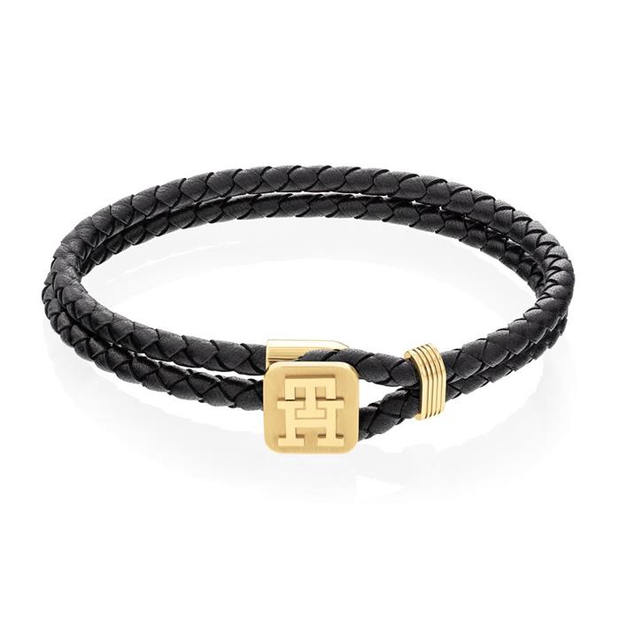 Men's black leather bracelet, stainless steel, IP gold
