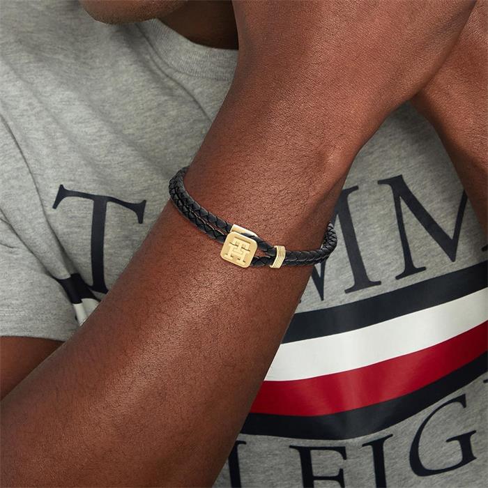 Men's black leather bracelet, stainless steel, IP gold