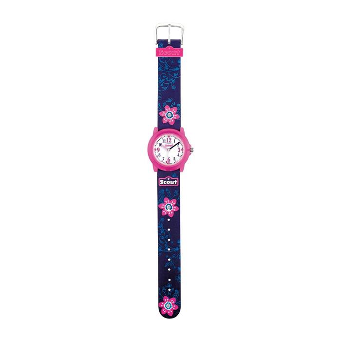 Mädchenuhr aus Kunststoff mit Blumen, blau, pink