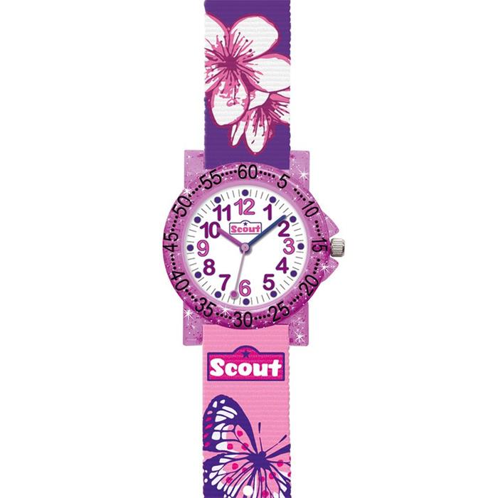 Scout roze kwarts horloge met textielband, vlinder, bloem
