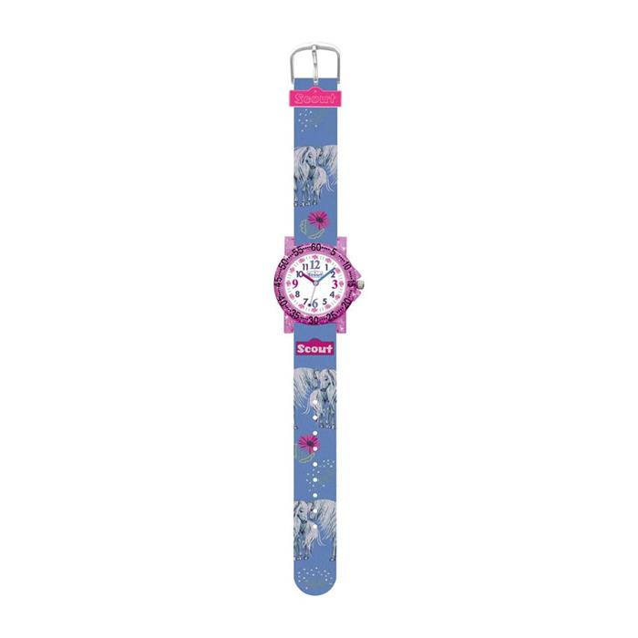Scout kwarts horloge paarden en bloemen met textiel, blauw, roze