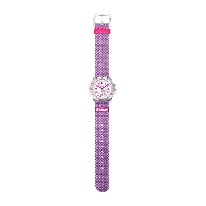 Purple metal and textile wristwatch for girls