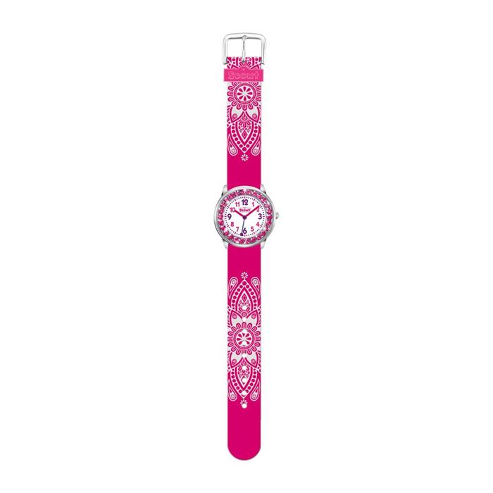 Pink glitter metal and faux leather wristwatch