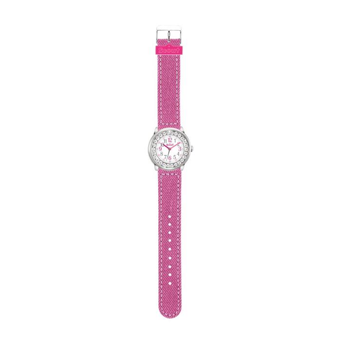 Pink wristwatch with quartz drive and crystals