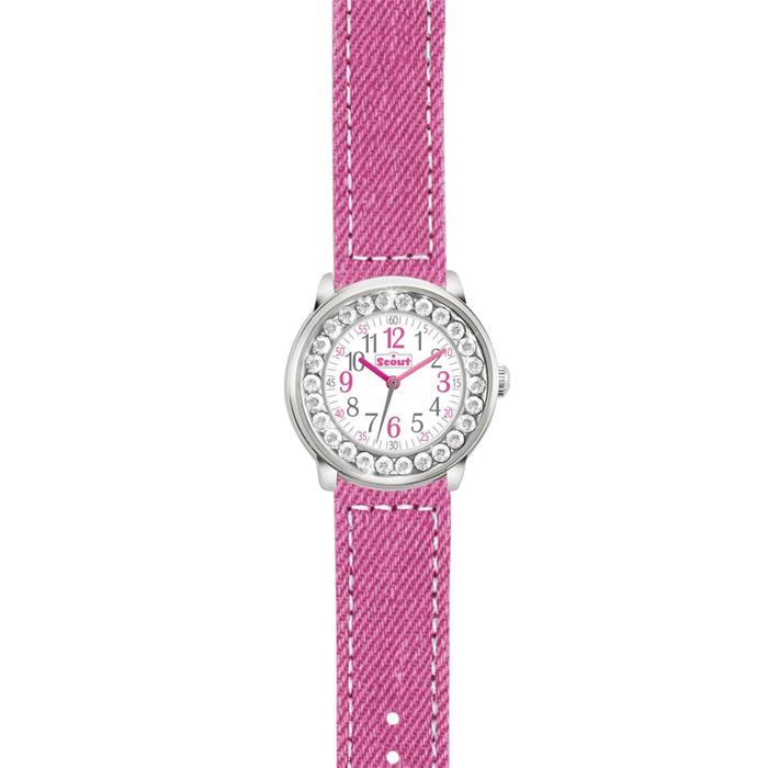 Pinke Armbanduhr mit Quarzantrieb und Kristallen