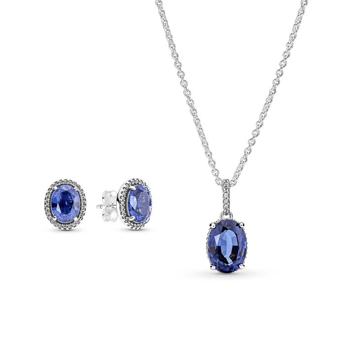 Set necklace and ear studs, 925 silver, blue crystal