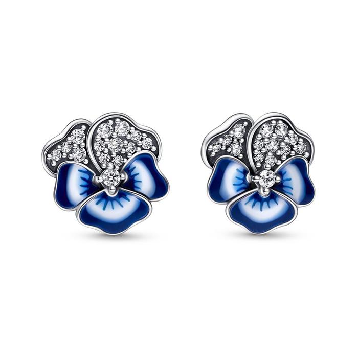 Ladies ear stud blue pansies, 925 sterling silver