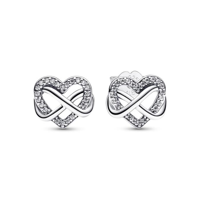 Heart stud earrings infinity, sterling silver, cubic zirconia