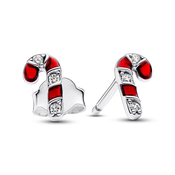 Red candy cane ear studs for ladies, 925 silver