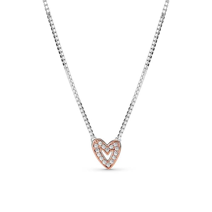 Ladies heart necklace in 925 sterling silver with zirconia, bicolour