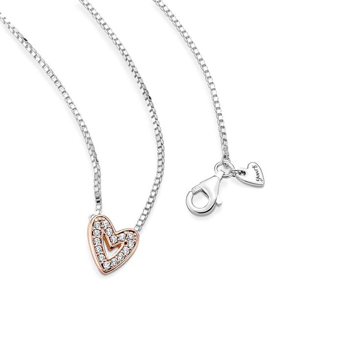 Ladies heart necklace in 925 sterling silver with zirconia, bicolour