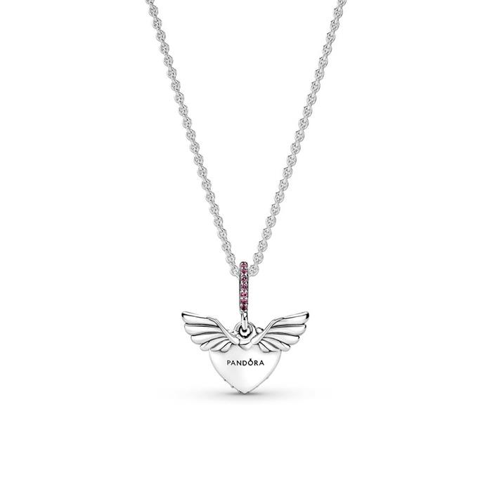 Necklace Heart And Angel Wings In 925 Silver, Crystals