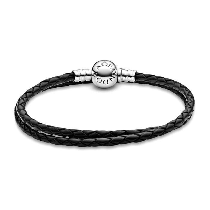 Black leather bracelet for women, double wound