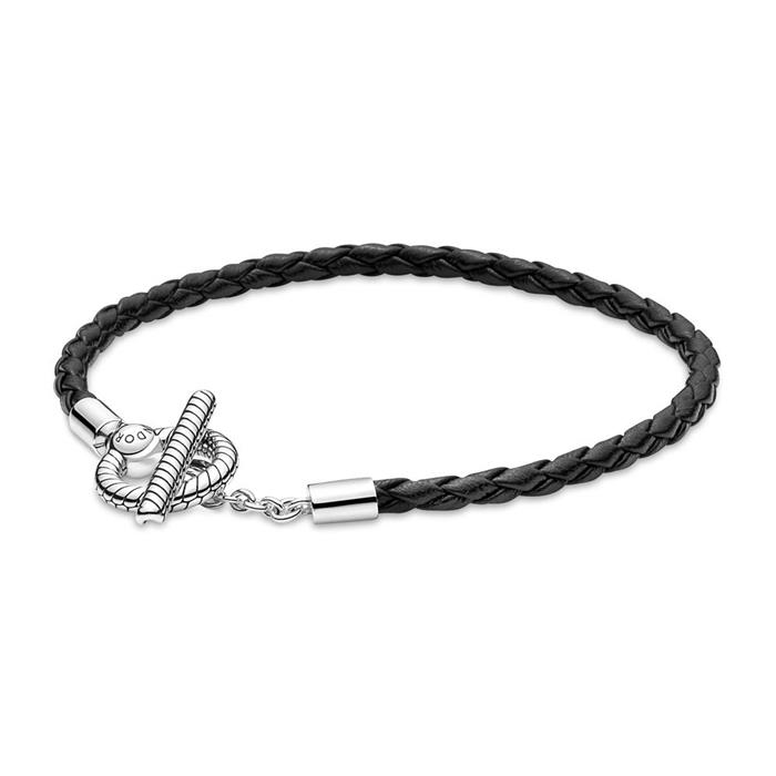 Pulsera de cuero negro con cierre en t, plata 925