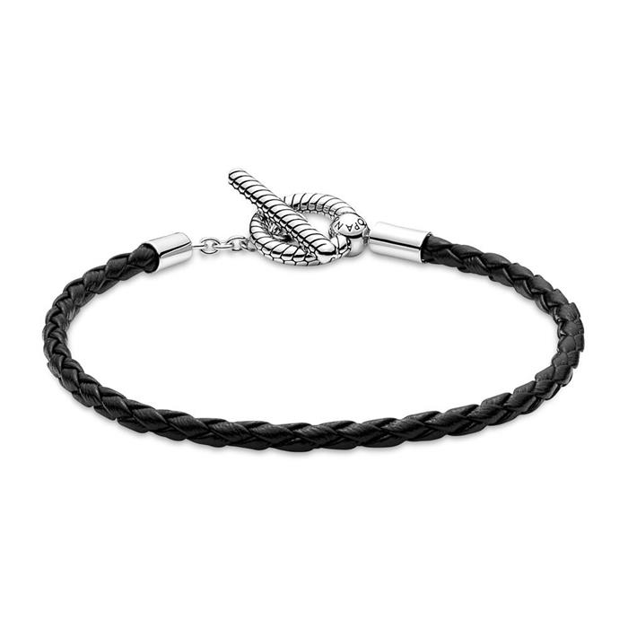 Black leather bracelet with t-clasp, sterling silver