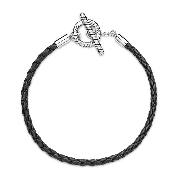 Pulsera de cuero negro con cierre en t, plata 925