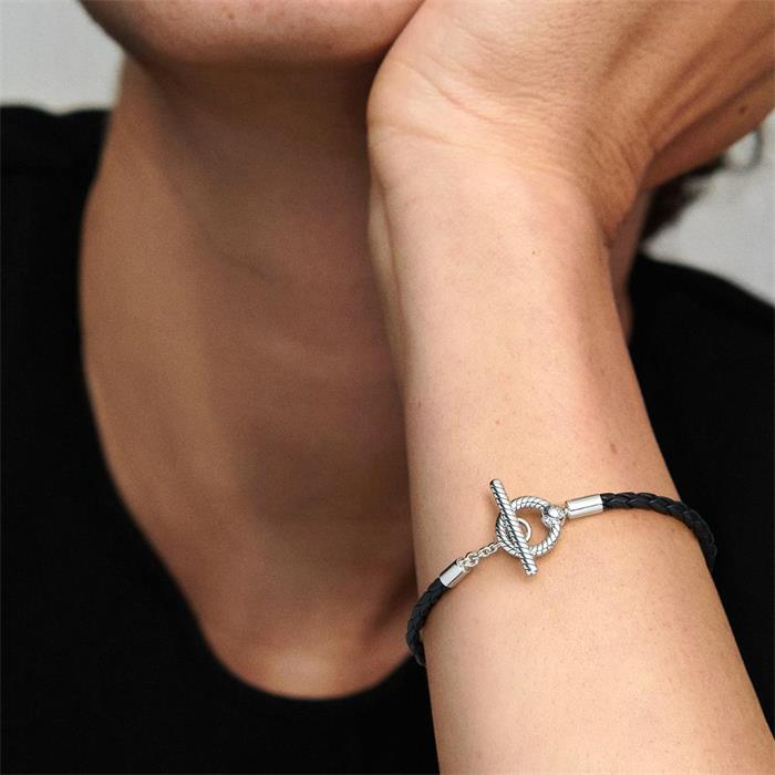 Zwart leren armband met t-sluiting, sterling zilver