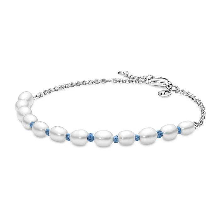 Pulsera de mujer con perlas, banda textil, plata 925