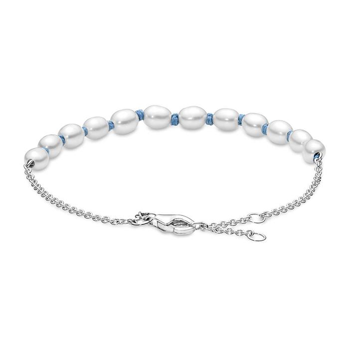Damenarmband mit Perlen, Textilband, 925er Silber