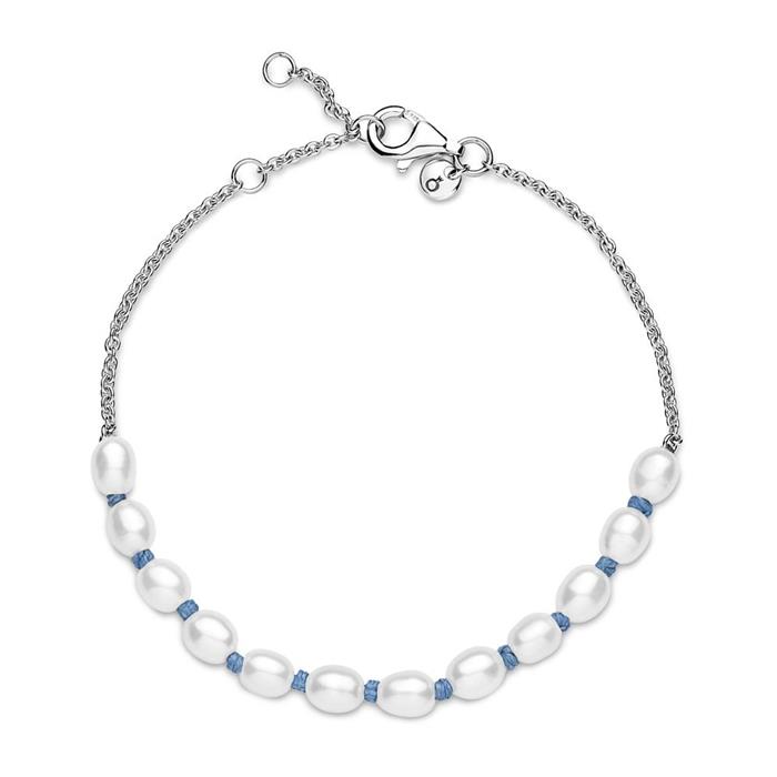 Pulsera de mujer con perlas, banda textil, plata 925