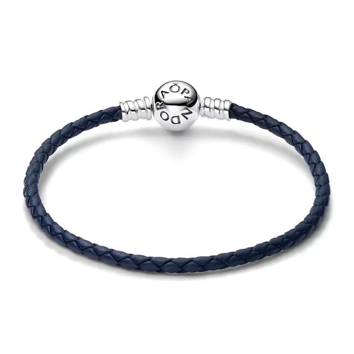 Leren armband, donkerblauw, bolsluiting, 925s zilver