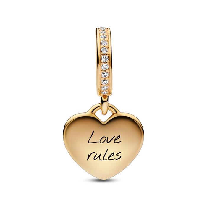 Gold-plated heart charm pendant with cubic zirconia, engravable