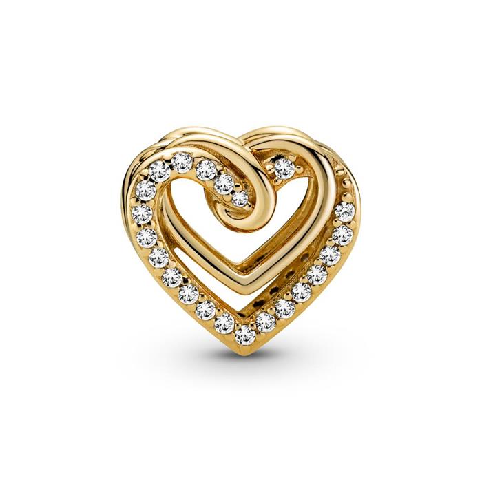 Intertwined heart charm for ladies with cubic zirconia, gold