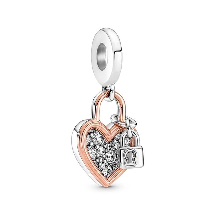 Double heart lock charm in 925 silver, bicolour